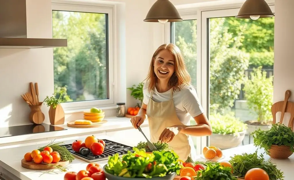 A bright kitchen with someone happily cooking a light meal, surrounded by fresh ingredients.