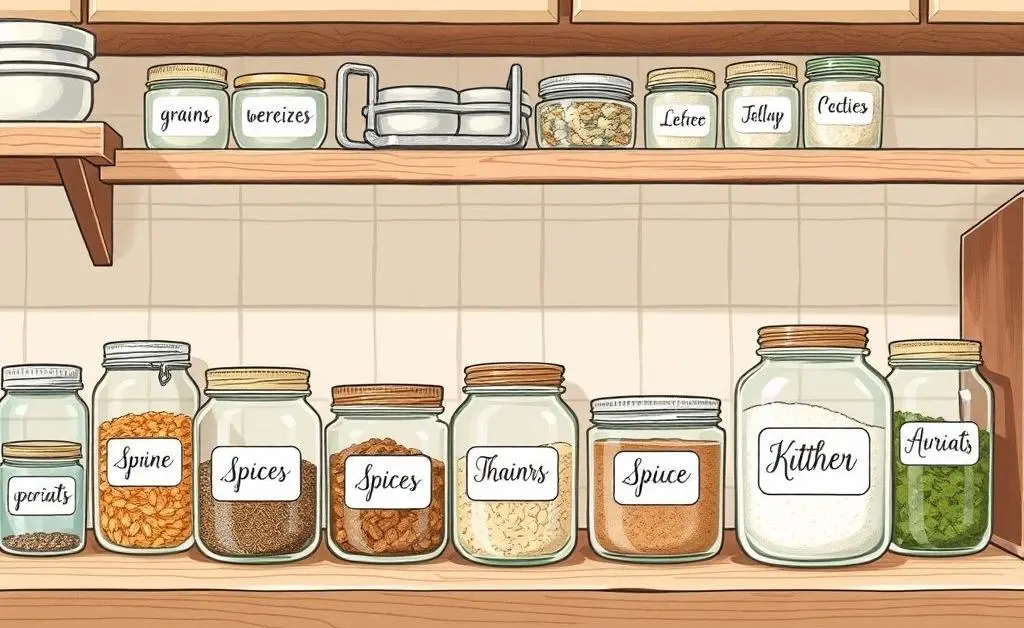 A hand-drawn image of a well-organized kitchen counter with jars labeled effectively.