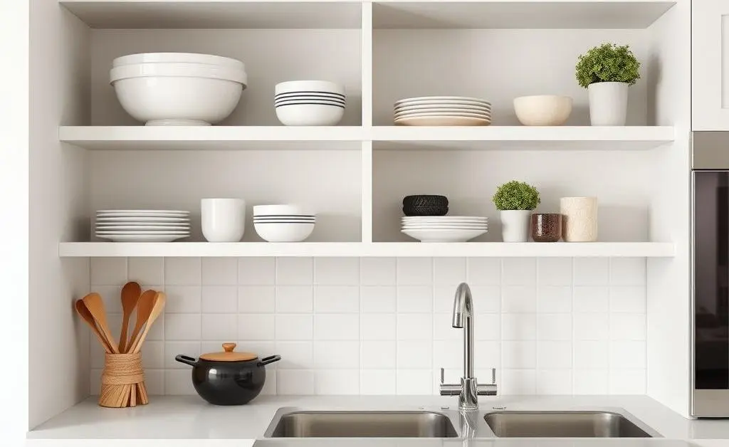 A minimalist kitchen setup with tidy shelves and simple decor