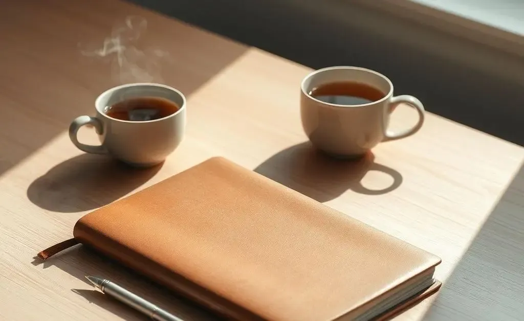 A minimalist desk setup with a notebook, pen, and a cup of tea