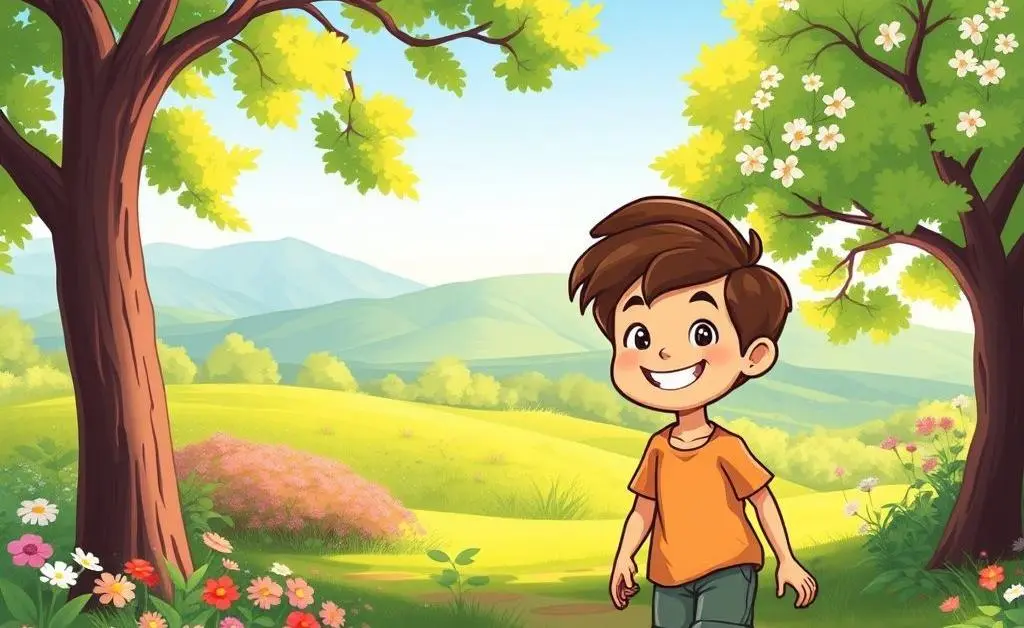 A cartoon of a smiling person walking through a park, surrounded by nature and simplicity