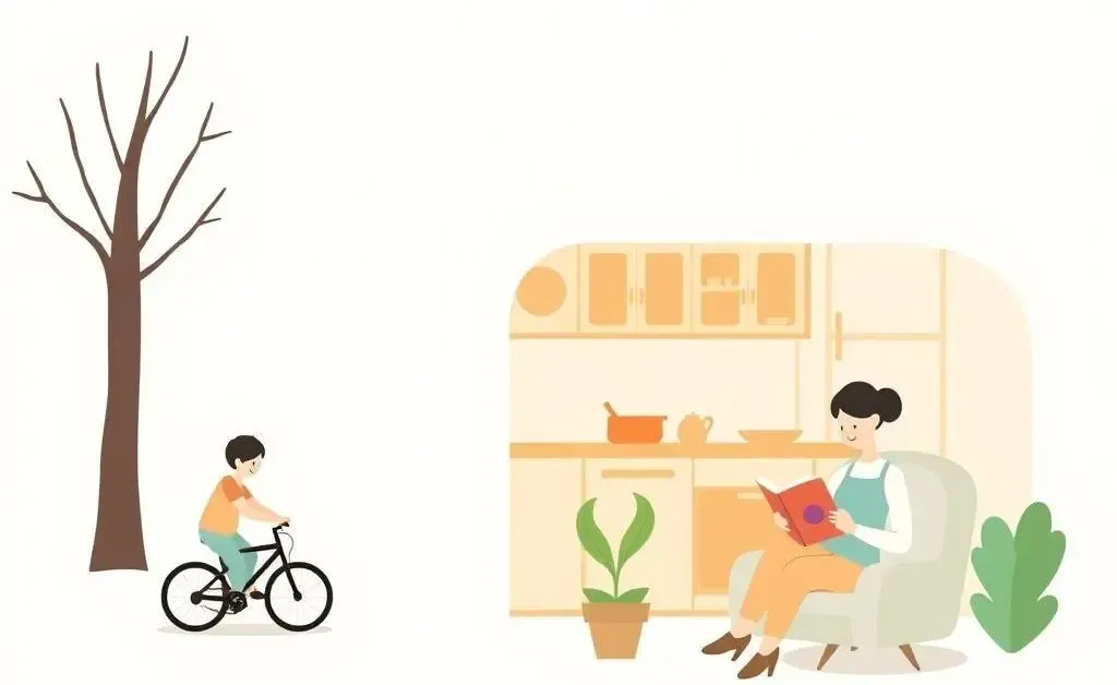 Minimalist cartoon image showing small habits like cycling, cooking at home, and reading.