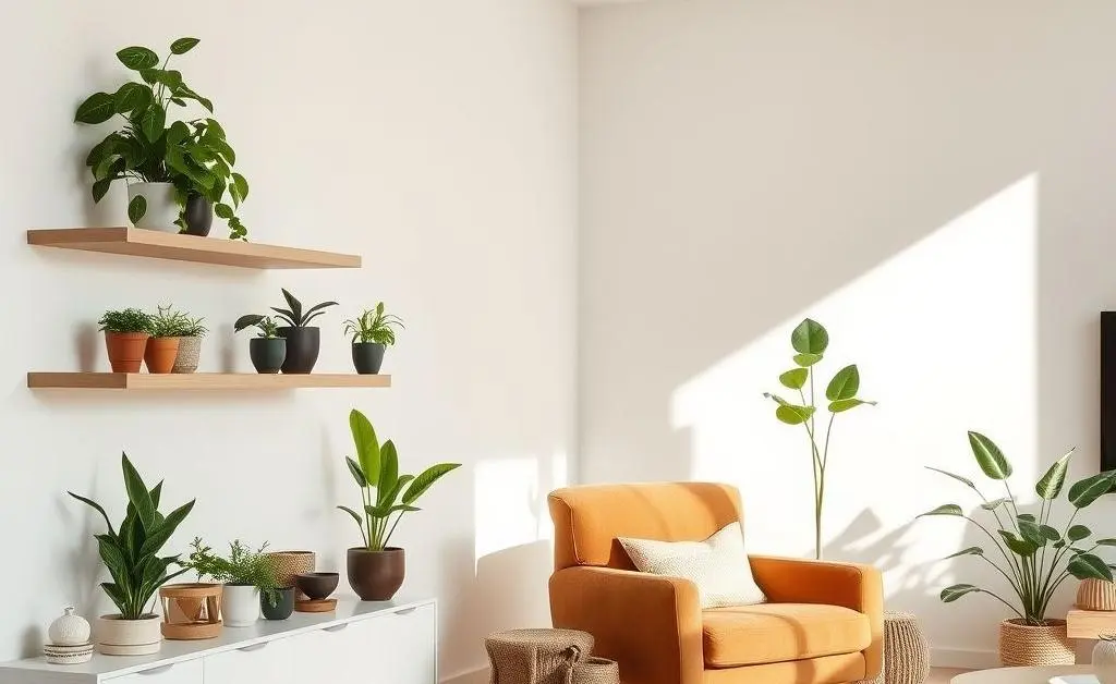 An inspiring minimalist living room with plants and a cozy chair.