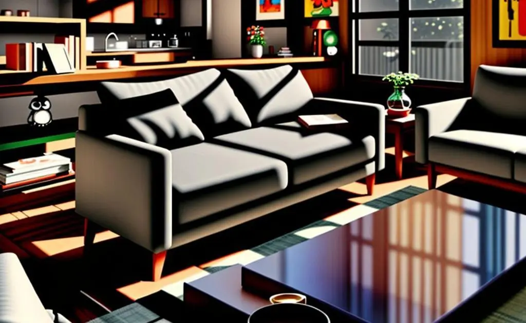 A minimalist living room with a couch and coffee table