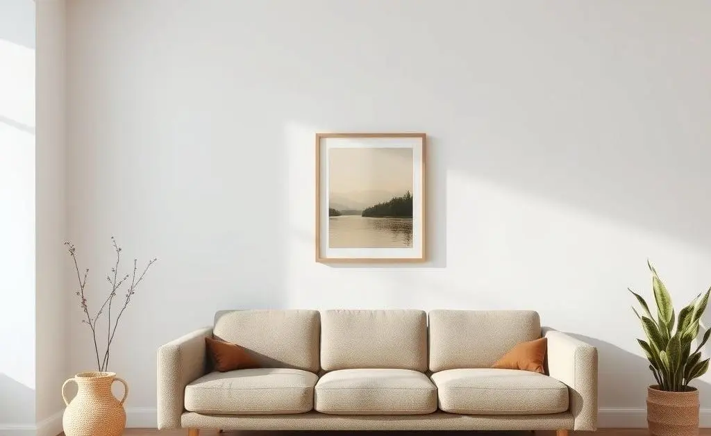 A simple, minimalist living room with a couch, a single art piece on the wall, and a cozy rug.