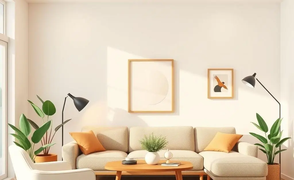 Cartoon-style minimalist living room with cozy seating and a few plants.