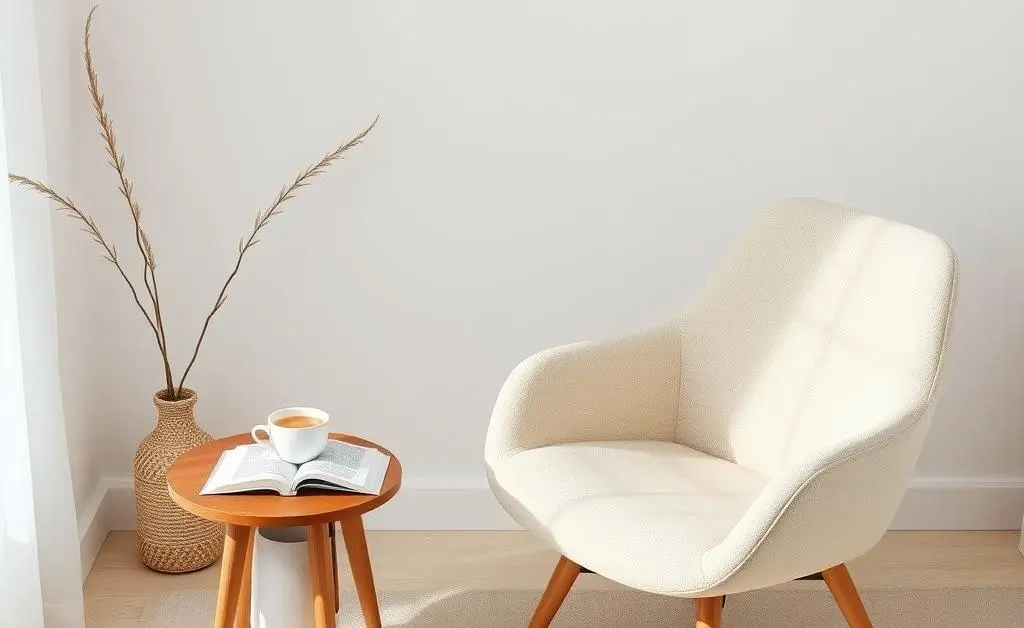 A minimalist living space with a cozy chair, a book, and a cup of tea on a small table