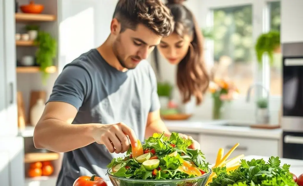 A person preparing a simple, healthy salad in a bright kitchen.
