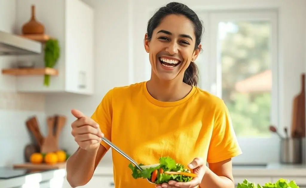 A person happily preparing a simple, healthy meal in a bright kitchen.