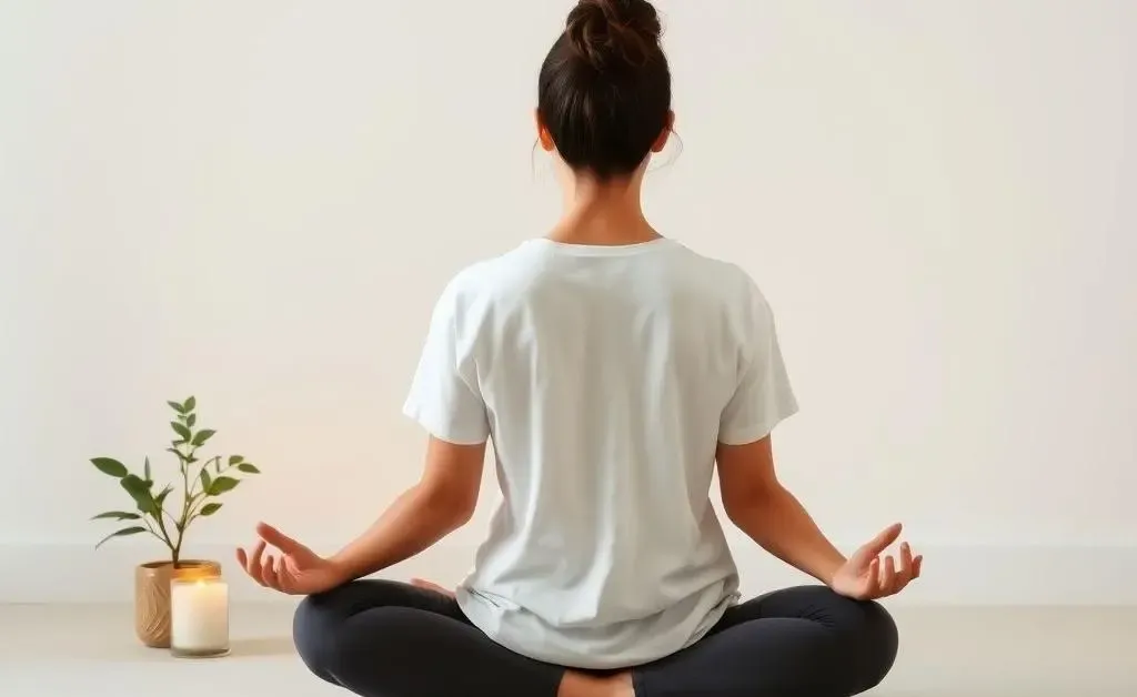 A tranquil scene of someone sitting cross-legged, with a small plant and candle nearby, practicing mindfulness.