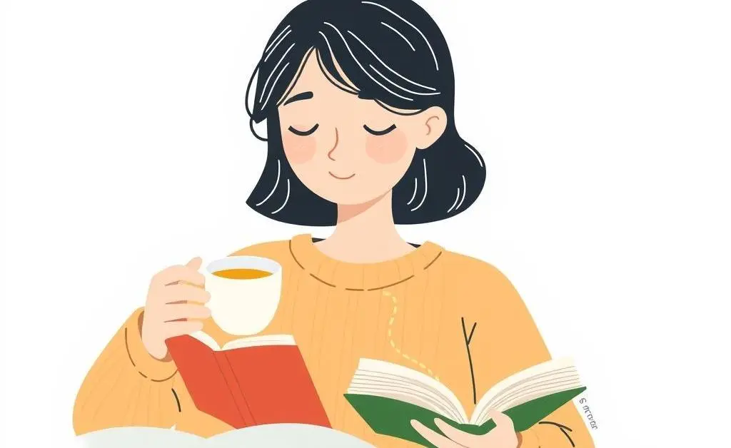 Illustration of a person enjoying a calm morning routine with a cup of tea and a book.
