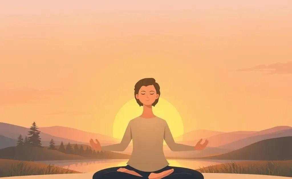 Illustration of a calm morning routine: a person meditating with a sunrise in the background.