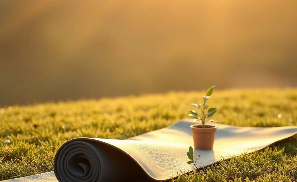 A calm morning scene with a yoga mat laid out, a small potted plant nearby.