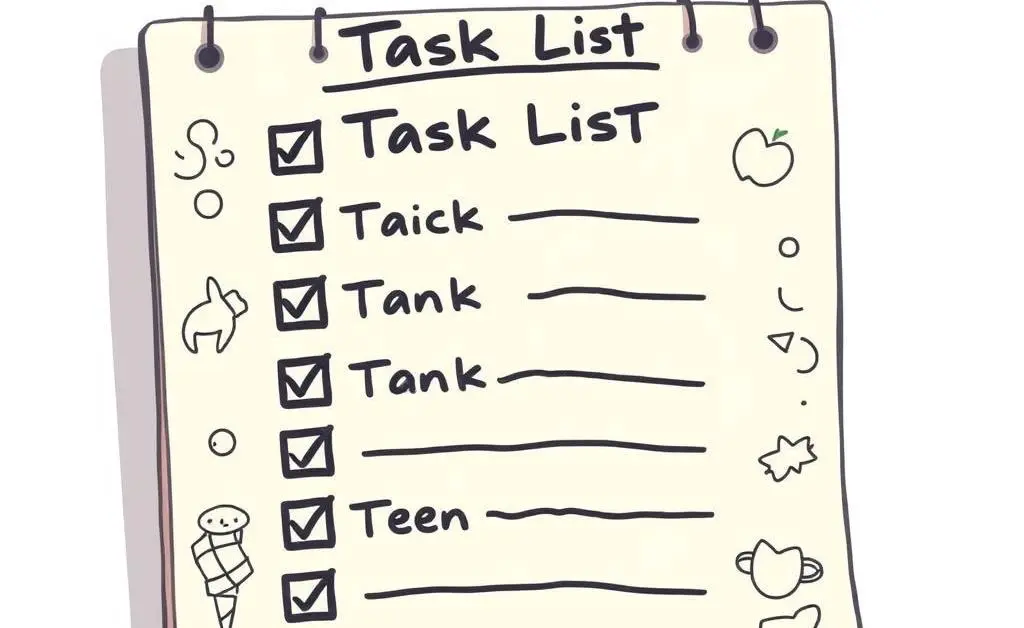 A cartoon task list with checkmarks and doodles on a notepad.