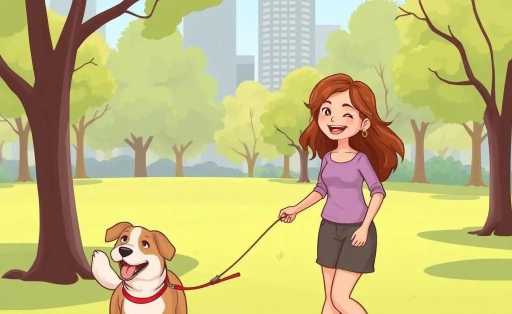 Someone happily walking a dog in a park, cartoon-style
