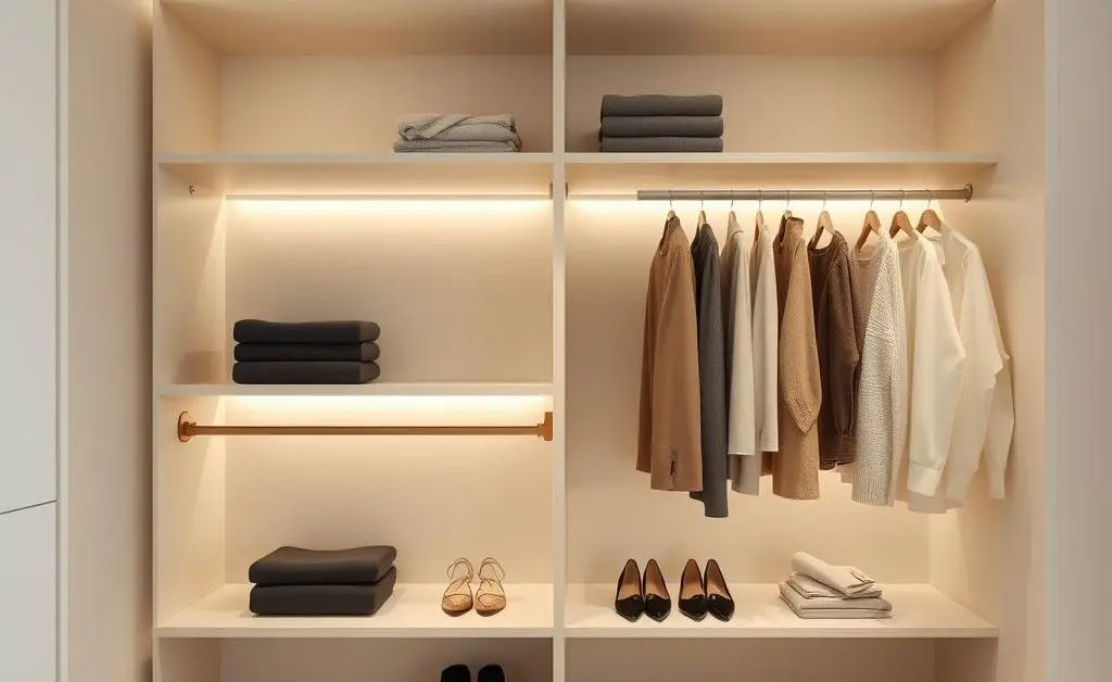 A neatly organized simple wardrobe with a few select clothing items
