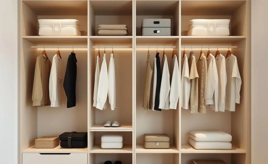 A neatly arranged simple wardrobe with a few select clothing items