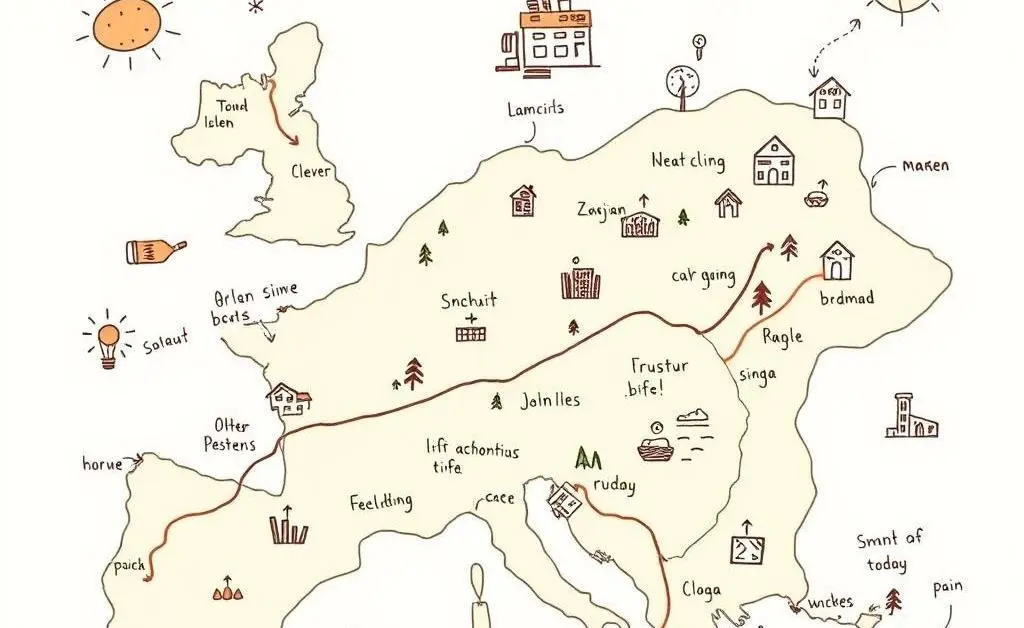 A hand-drawn style map illustrating a journey towards a simpler life