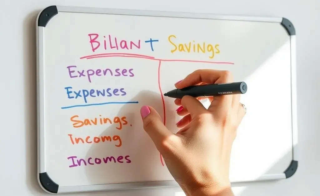 A hand drawing a simple budget plan with colorful markers on a whiteboard.