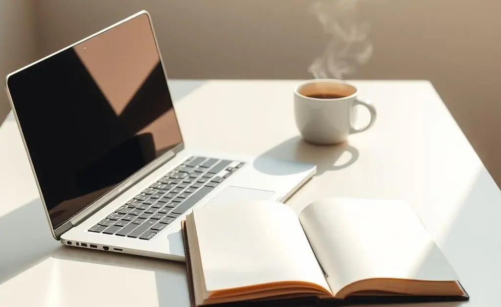 A clean and organized desk workspace with only a laptop, notebook, and a cup of coffee