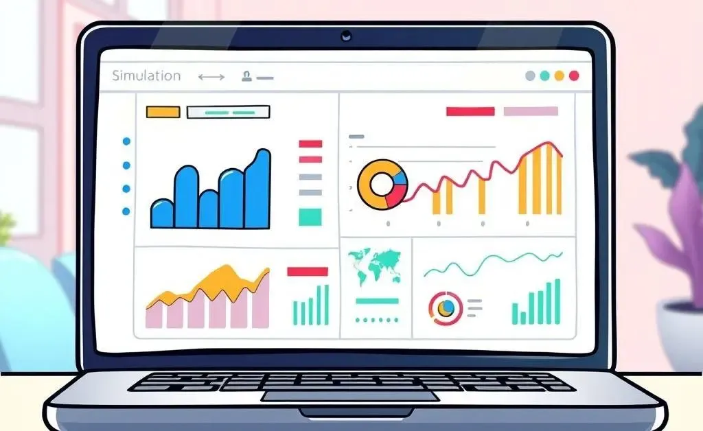 Simulation tool with financial graphs on laptop