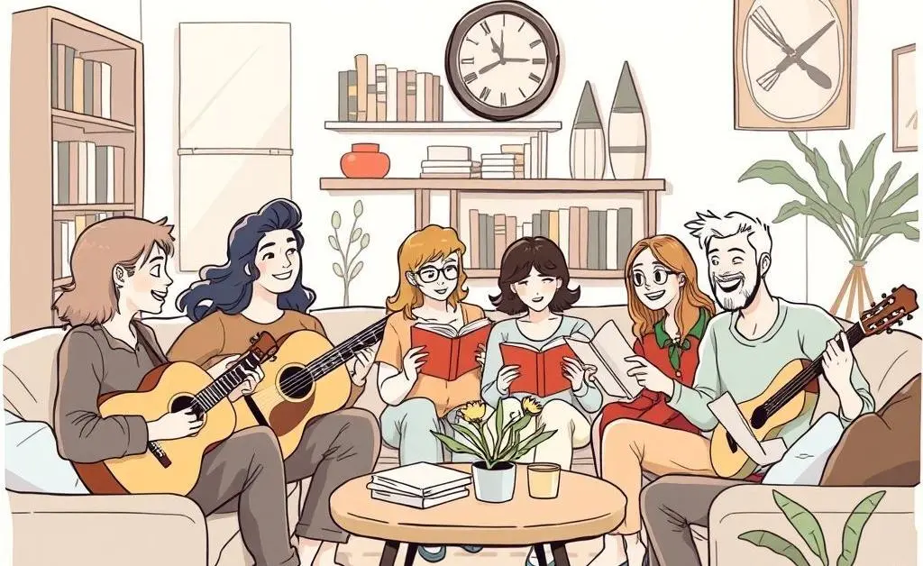 Friends sharing skills in a living room