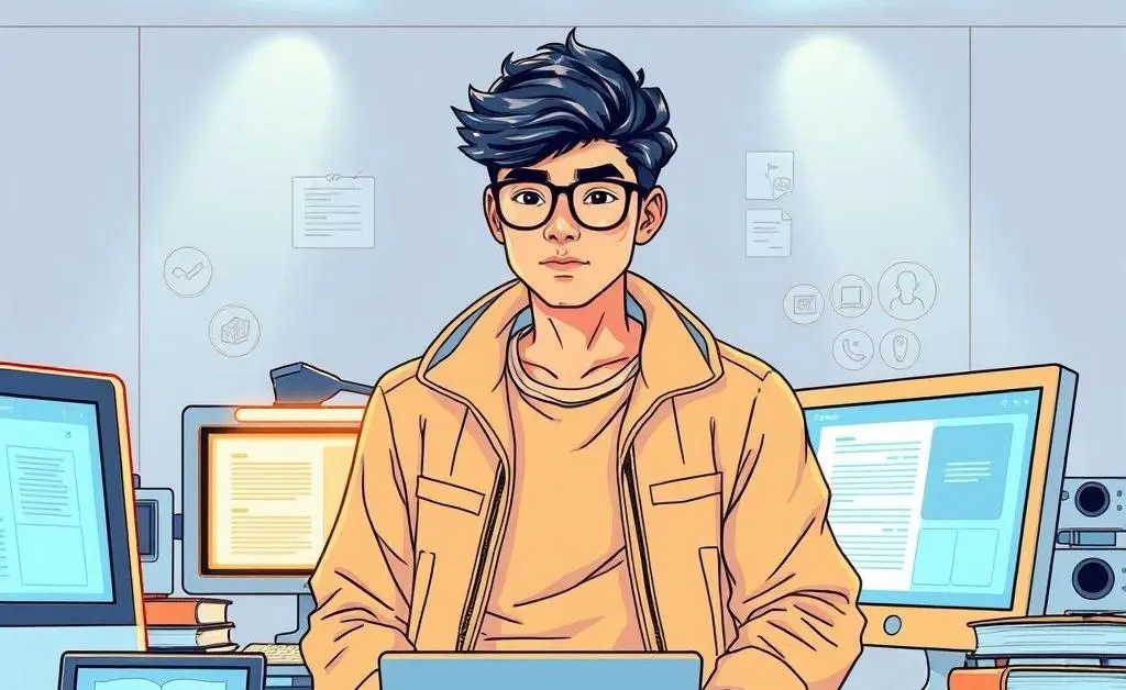 Illustration of a person building skills with virtual tools, like books and computers.