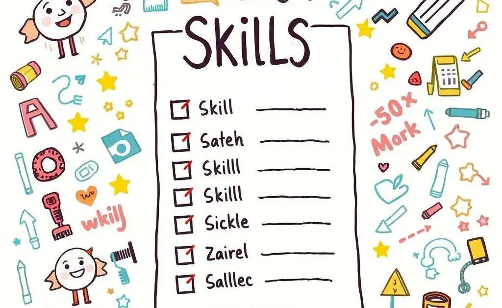 A checklist of skills with cartoon graphics around it.