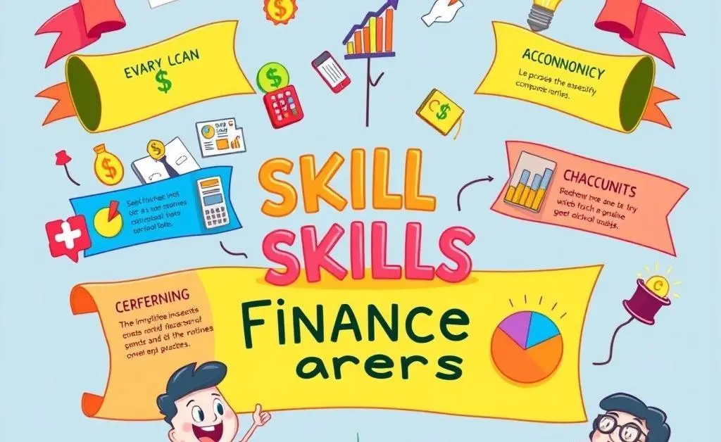 A cartoon-style chart showcasing various skills relevant to financial careers development.