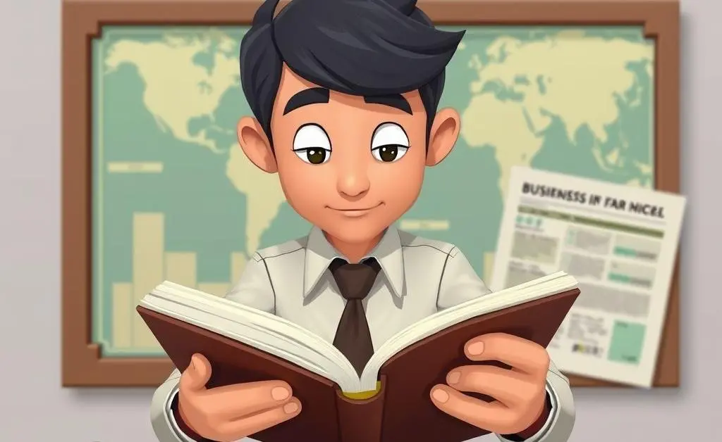 A character studying business and finance books with a strategy board in the background.