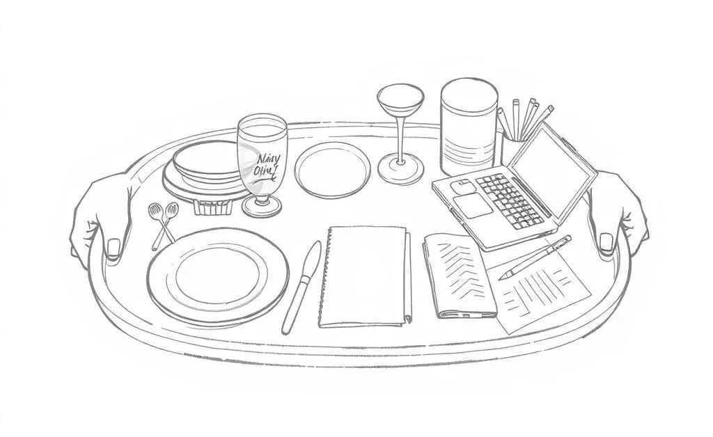Person holding a tray with dining and office items.