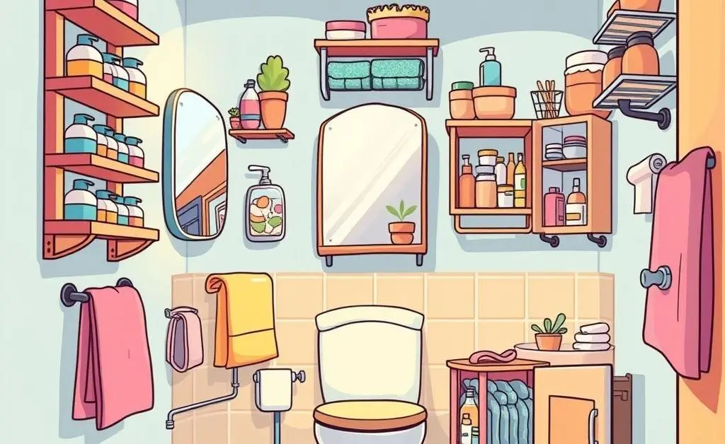A cartoon-style image of a small bathroom with creative storage solutions like shelves and racks.