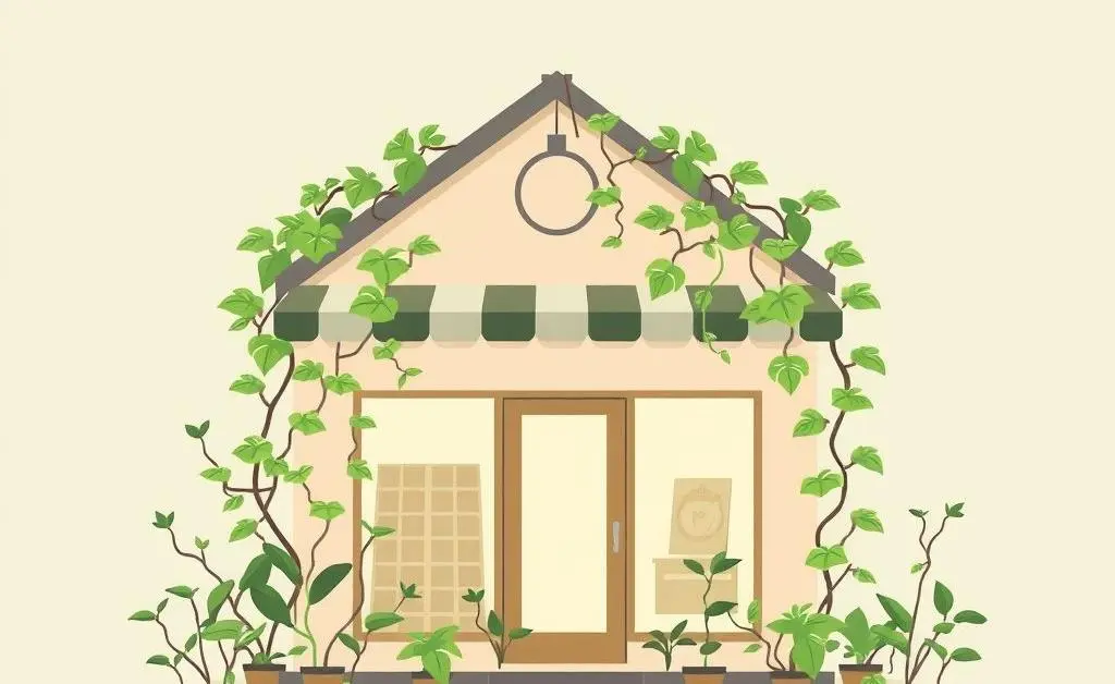 A minimalist illustration of a small shop with growing plants around it, symbolizing business expansion and nurturing growth.