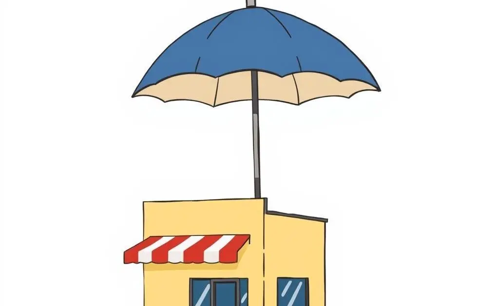 Minimalist cartoon illustrating a small business protected by a large insurance umbrella.