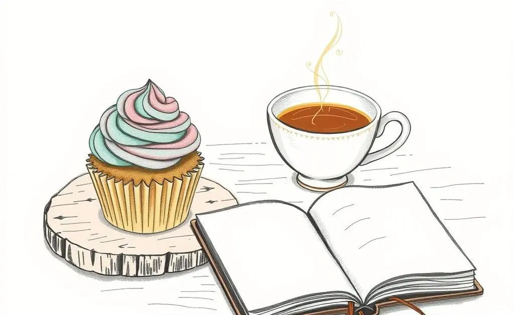 A table with a cupcake, a cup of tea, and a small notebook