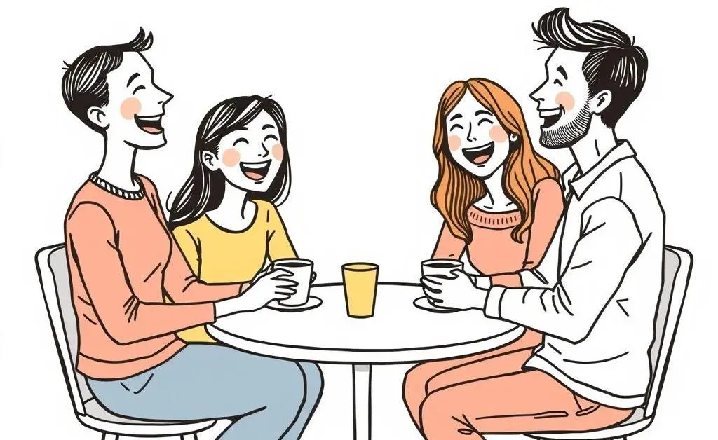 Hand-drawn illustration of a group of friends laughing over coffee at a small table.