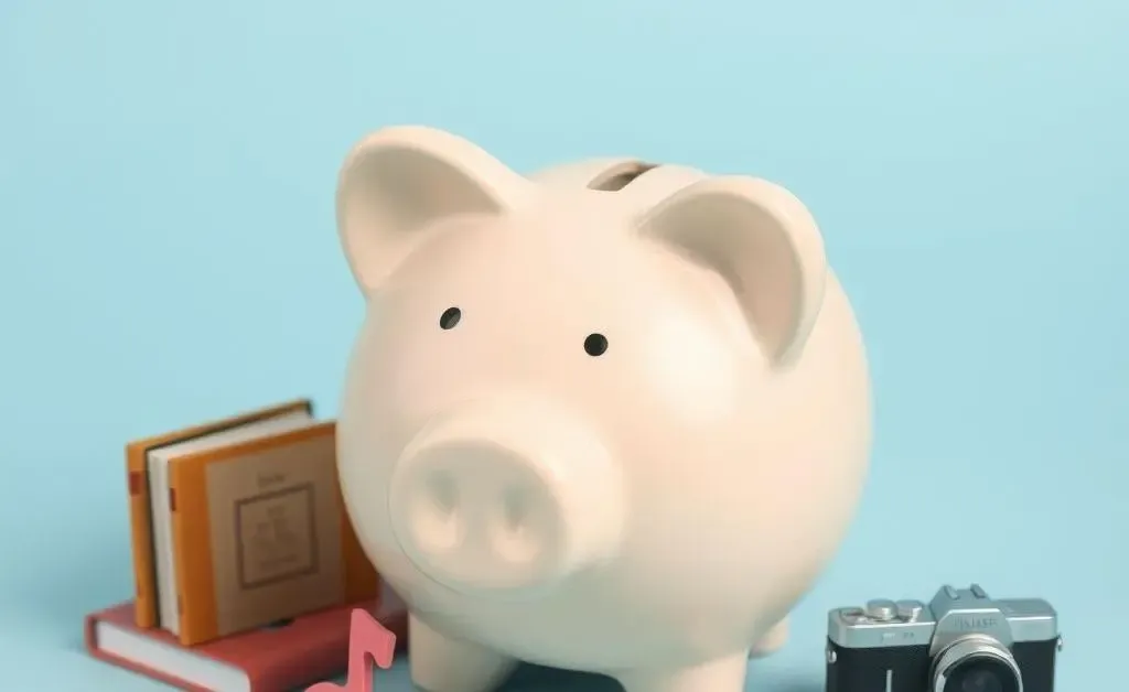 A piggy bank surrounded by symbols of joy