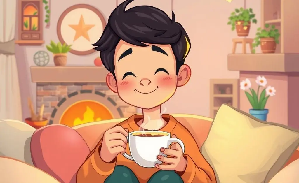 A cartoon of a person enjoying a cup of tea in a cozy room.