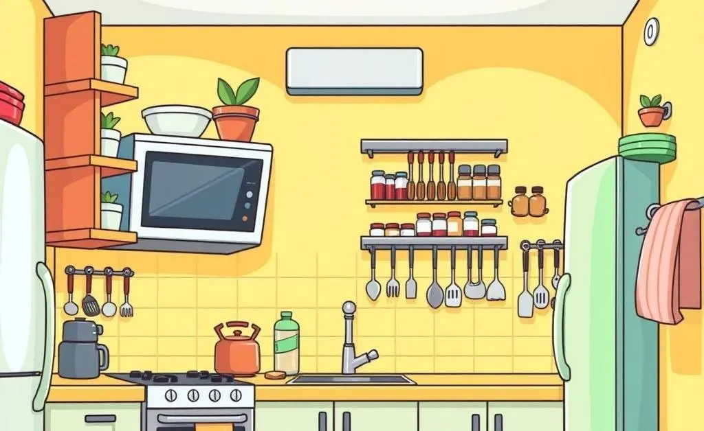 A cartoon-style kitchen with storage hacks like vertical shelving and magnetic racks.