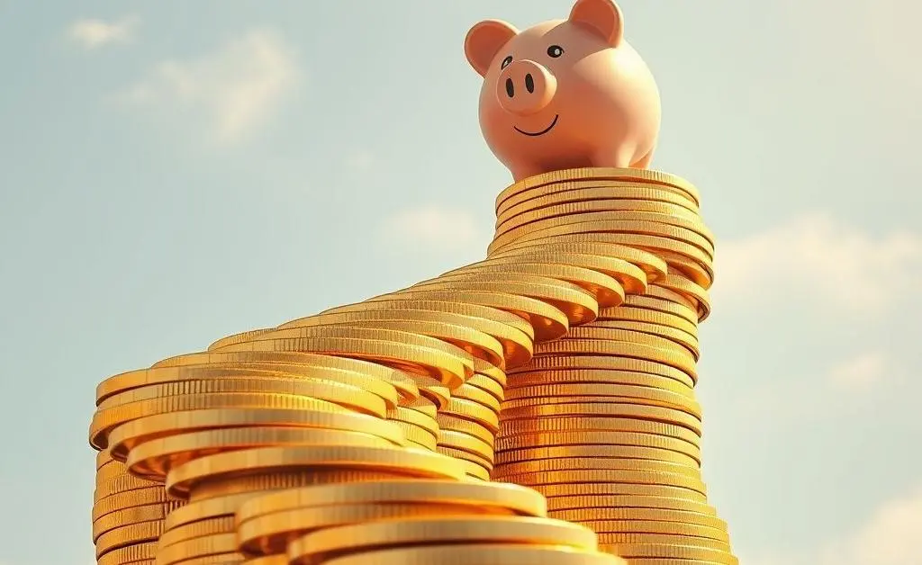 A staircase formed by coins leading to a piggy bank