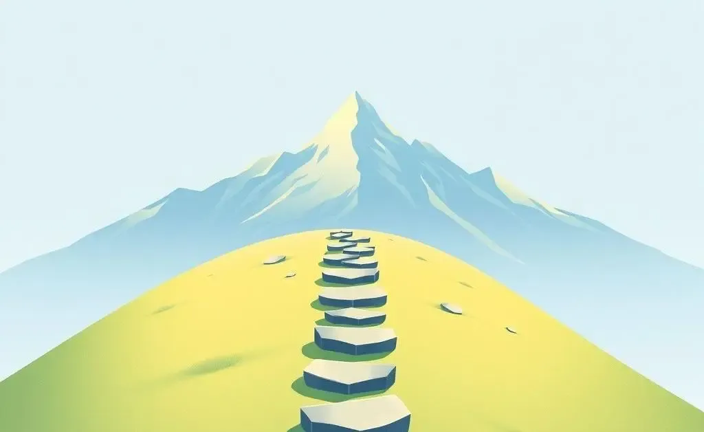 Illustration of small stepping stones leading to a distant mountain top.