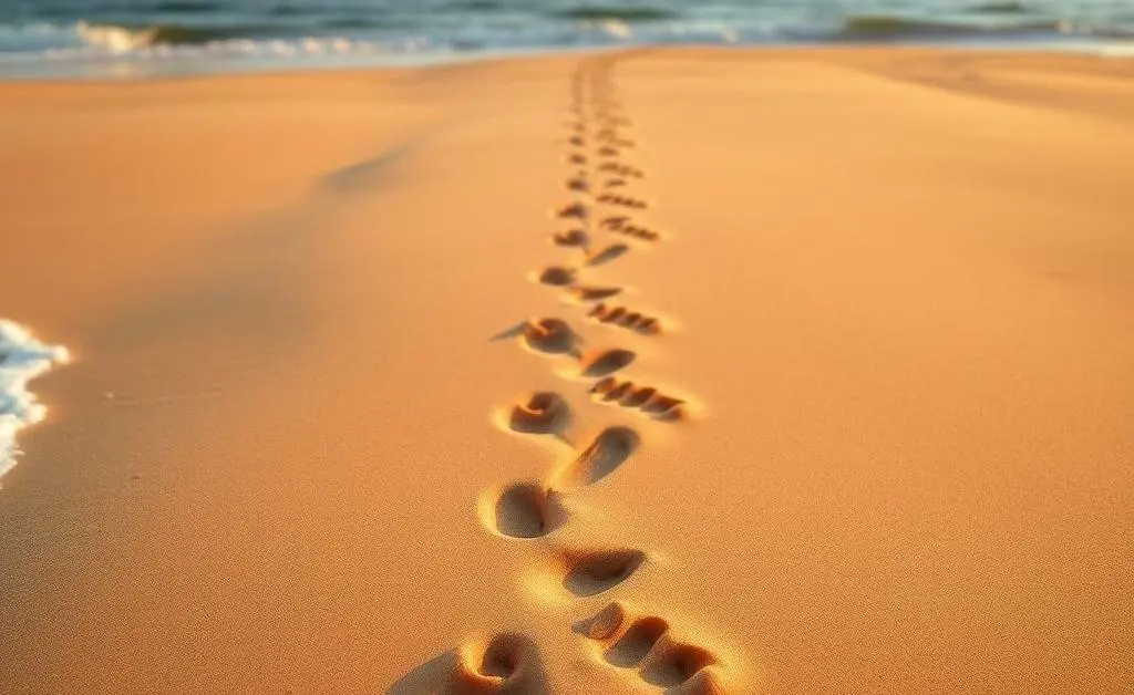 Footprints in sand leading towards the horizon