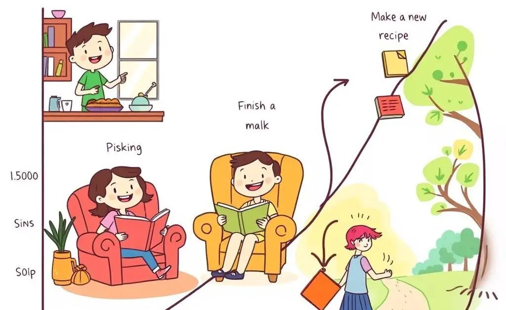 A cartoon graph depicting different small victories, like making a new recipe, finishing a book, and making time for a walk.