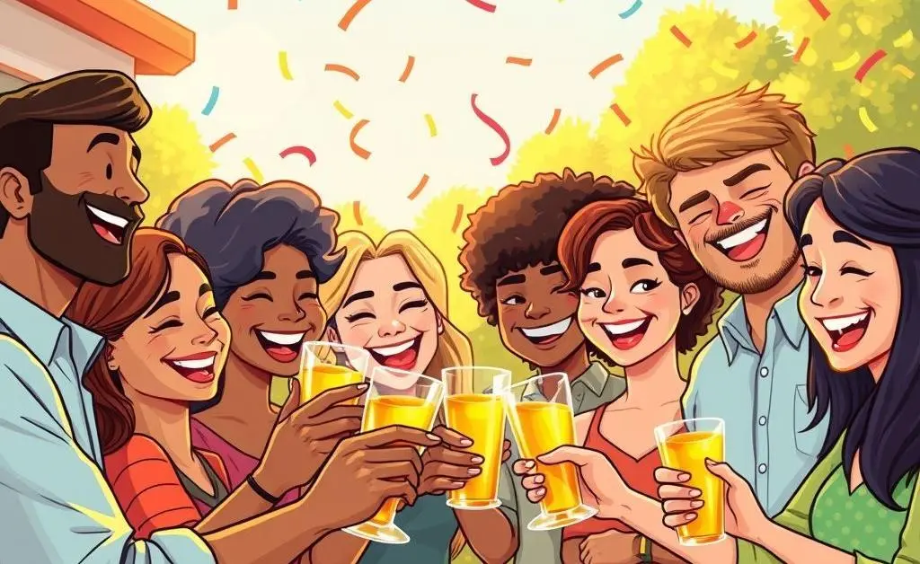 Cartoon-style image of a diverse group of people celebrating small successes together.