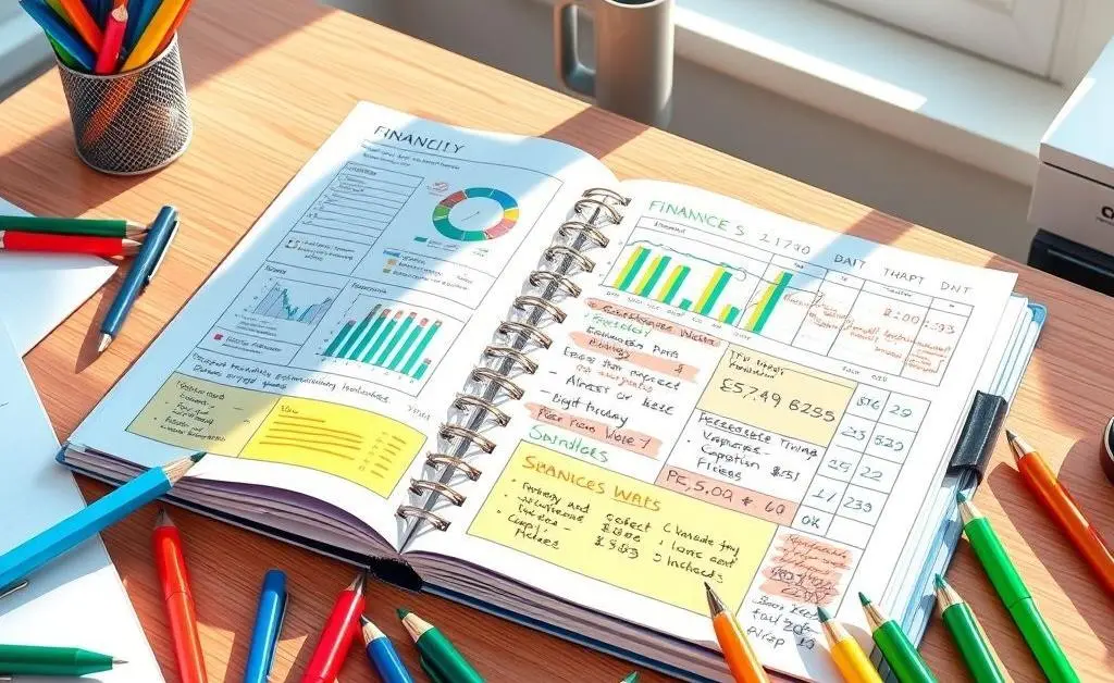 Illustration of a desk with a detailed budget planner and colorful pens