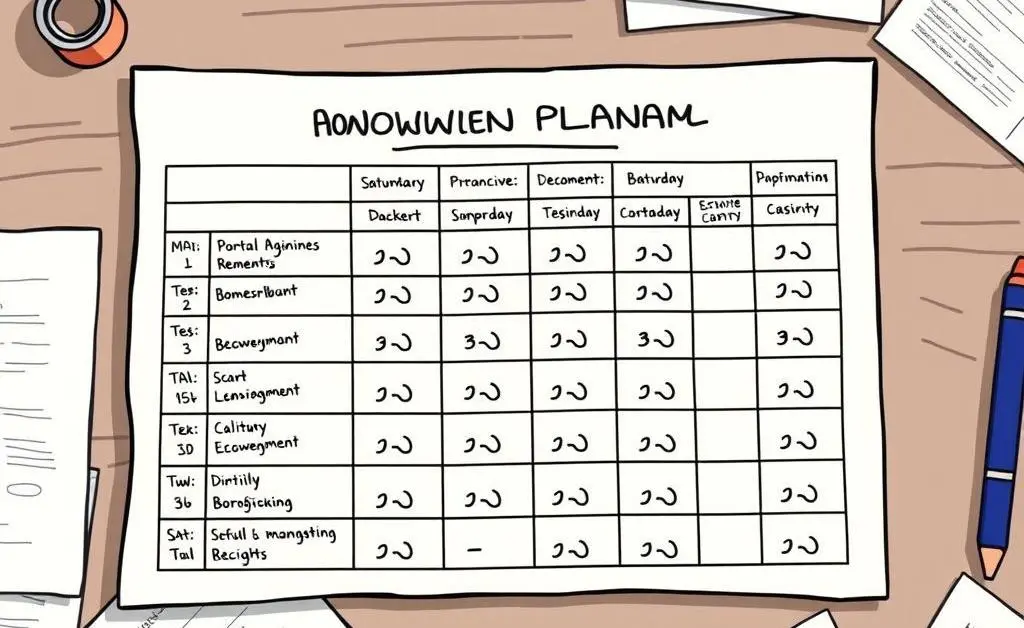 Cartoon-style table with a detailed budgeting plan for homeowners, accompanied by financial documents and notes.
