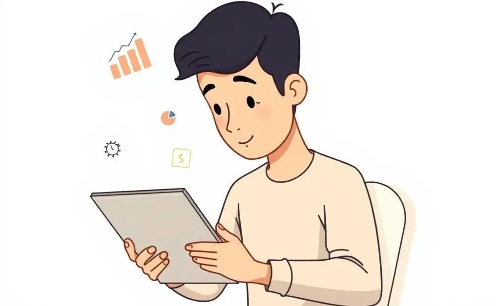 A person using a tablet to create a budget, with graphs and numbers visible.