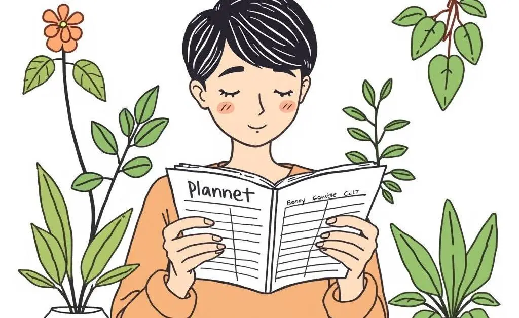 A person looking at a budget planner surrounded by plants and books.