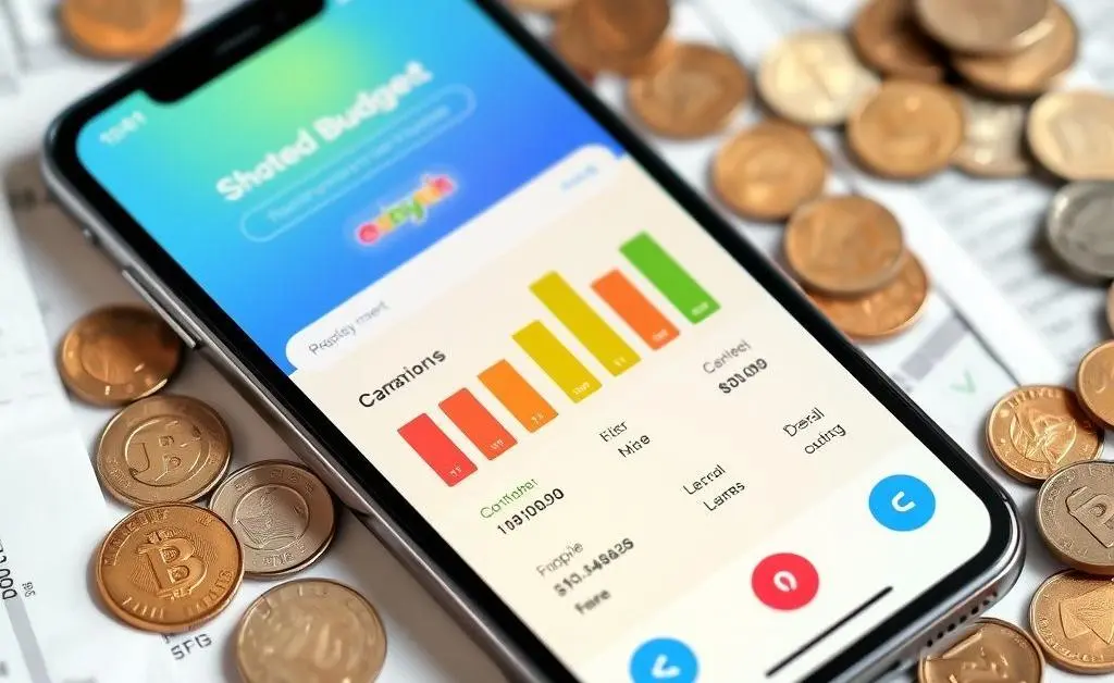 A colorful budgeting app on a smartphone, surrounded by coins and receipts.