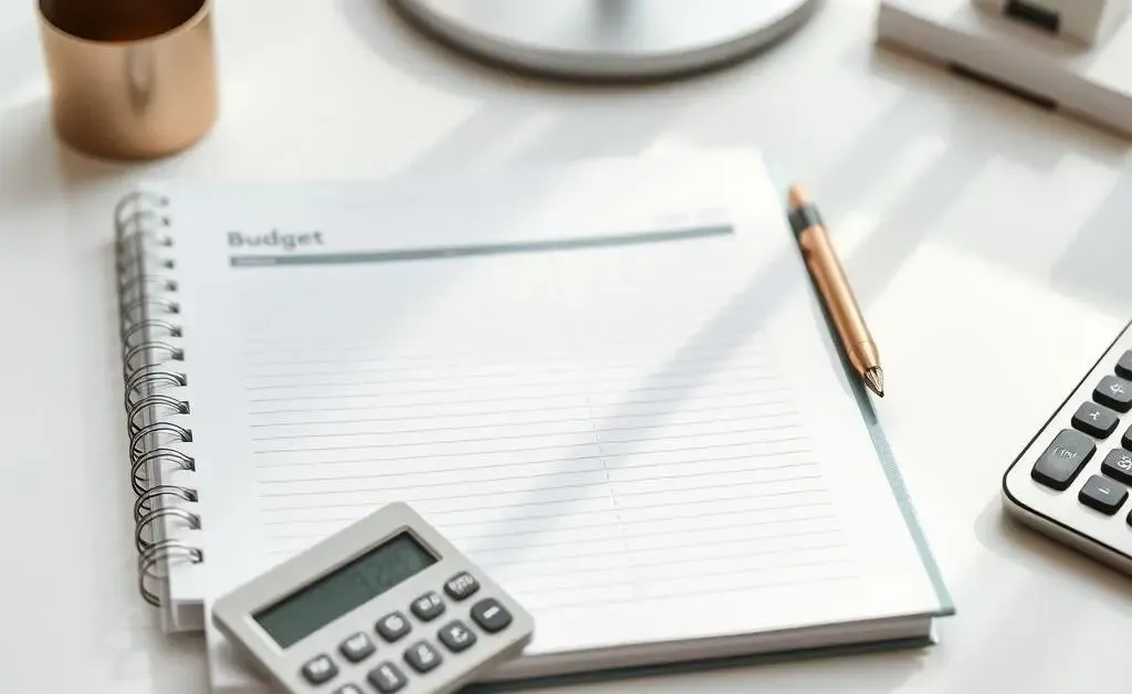 An organized desk with a modern budget planner and calculator